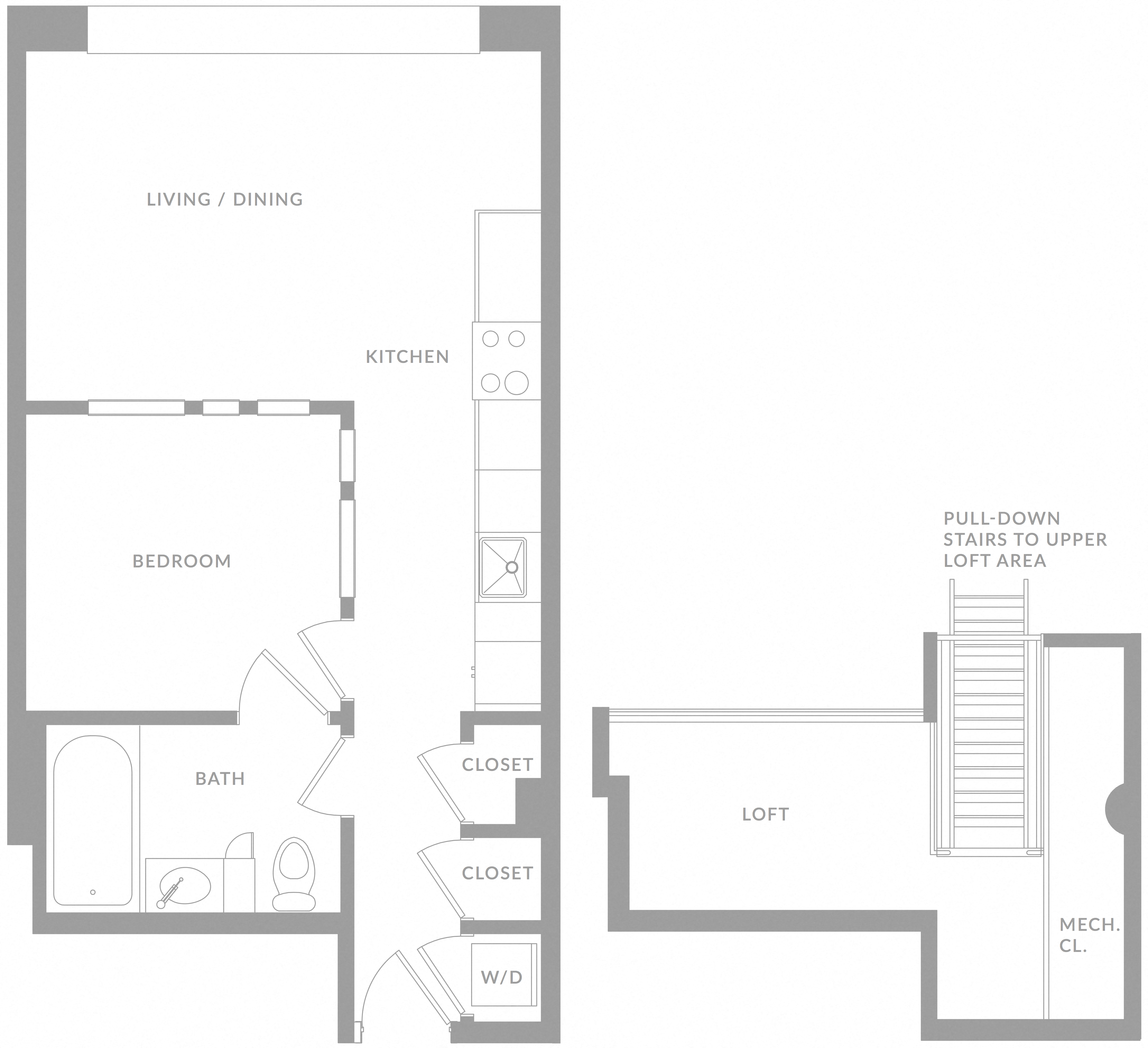 Floor plan for 1 bed, 1 bath, 750 sqft